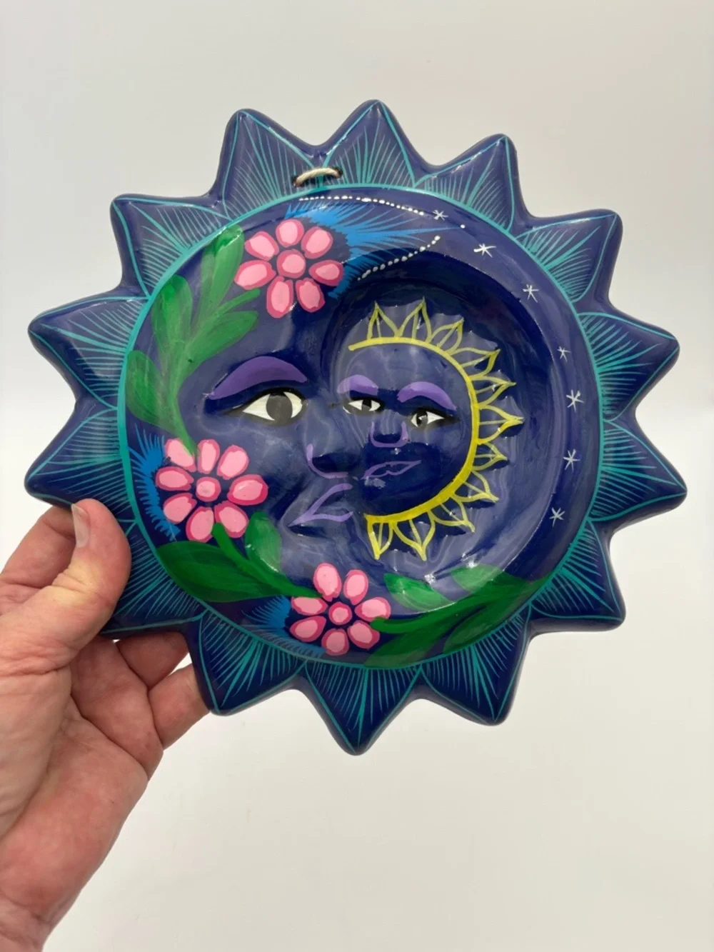 Hand-Painted Terracotta Sun & Moon Wall Plaque - Deep Blue with Pink Flowers